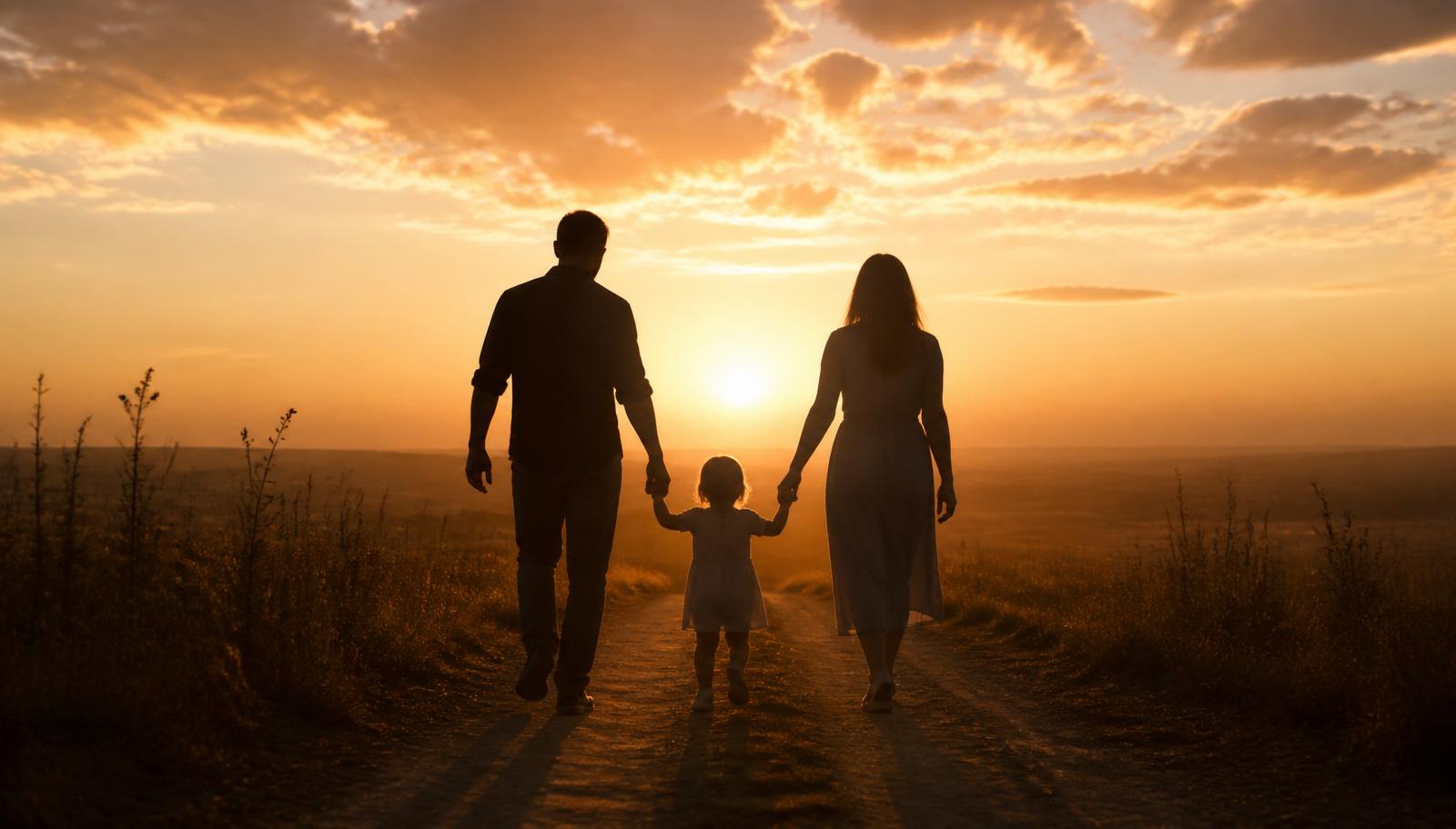 Familia caminando al atardecer